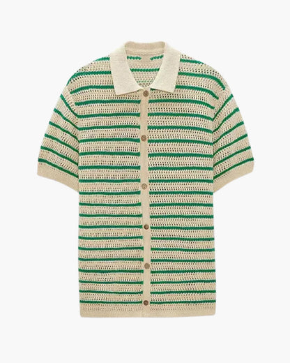 Weston | Camicia estiva da uomo in crochet a righe verdi con chiusura a bottoni