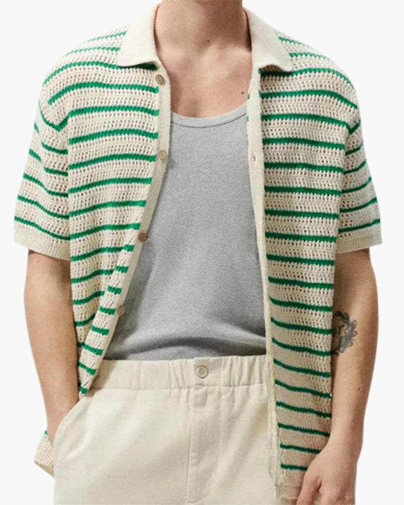 Weston | Camicia estiva da uomo in crochet a righe verdi con chiusura a bottoni