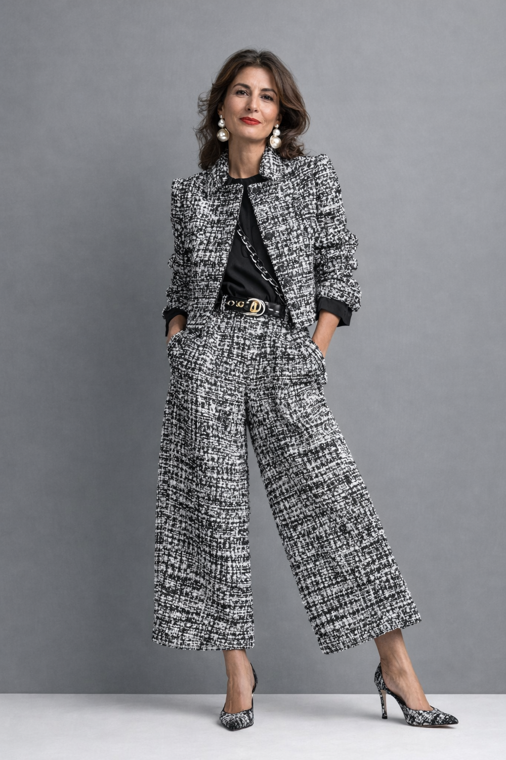 Irene | Completo in tweed con giacca e pantaloni a gamba larga