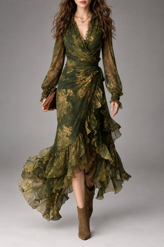Jazmín | Abito Lungo in Chiffon Stampato con Volant