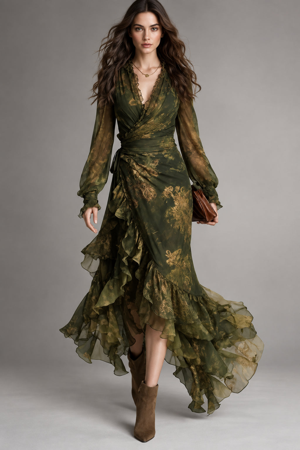 Jazmín | Abito Lungo in Chiffon Stampato con Volant