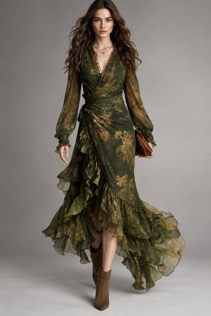 Jazmín | Abito Lungo in Chiffon Stampato con Volant