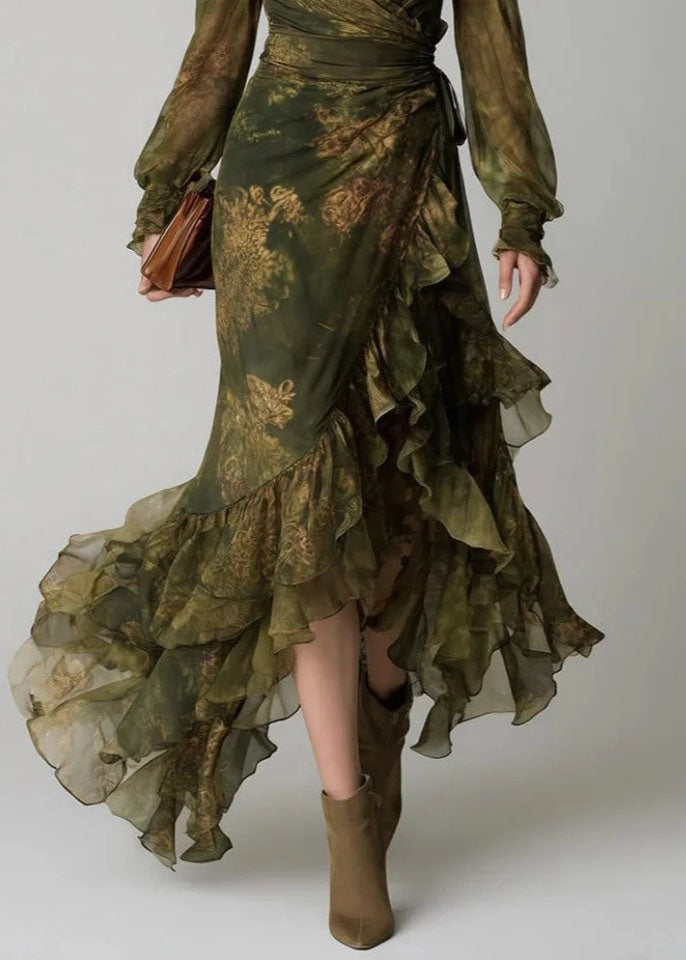 Jazmín | Abito Lungo in Chiffon Stampato con Volant