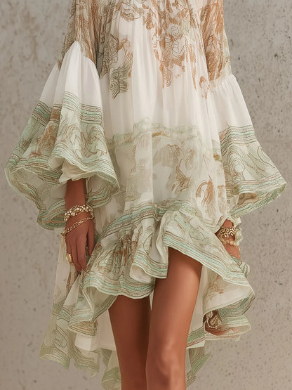 Mirabel | Mini Abito Boho Avorio con Orlo Asimmetrico