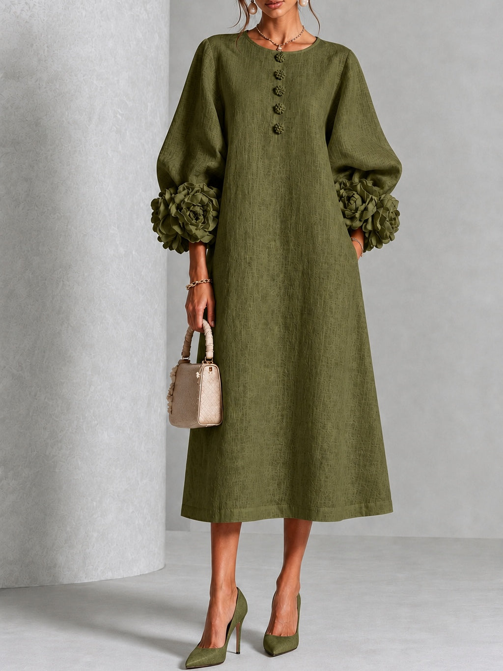 Wilhelmina | Abito Midi con Polsini a Fiori