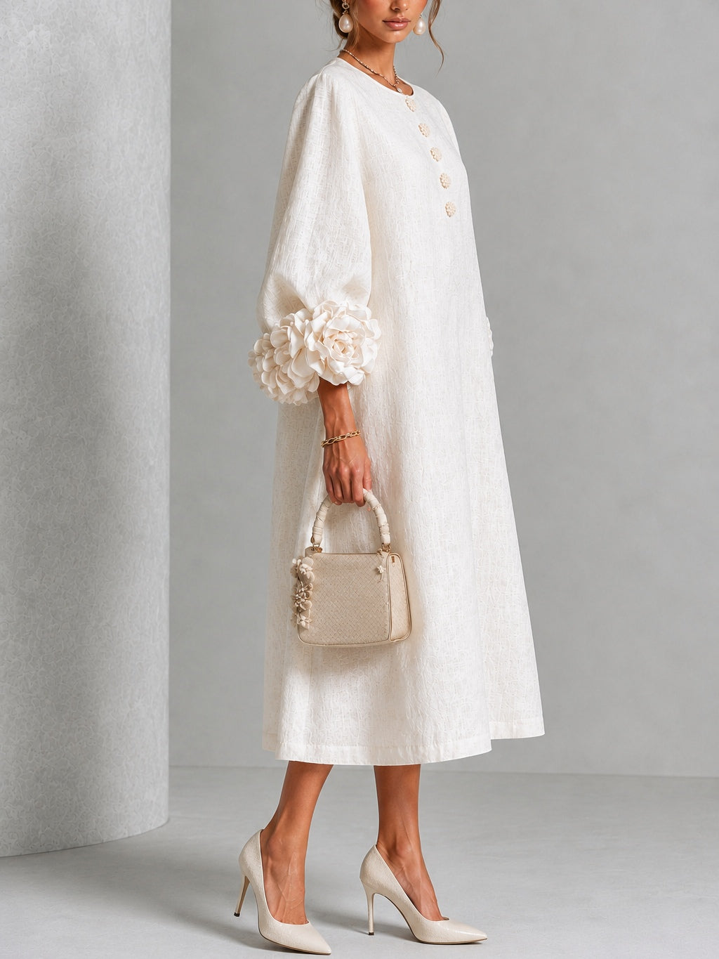 Henrietta | Abito Midi con Bottoni e Polsini a Fiori