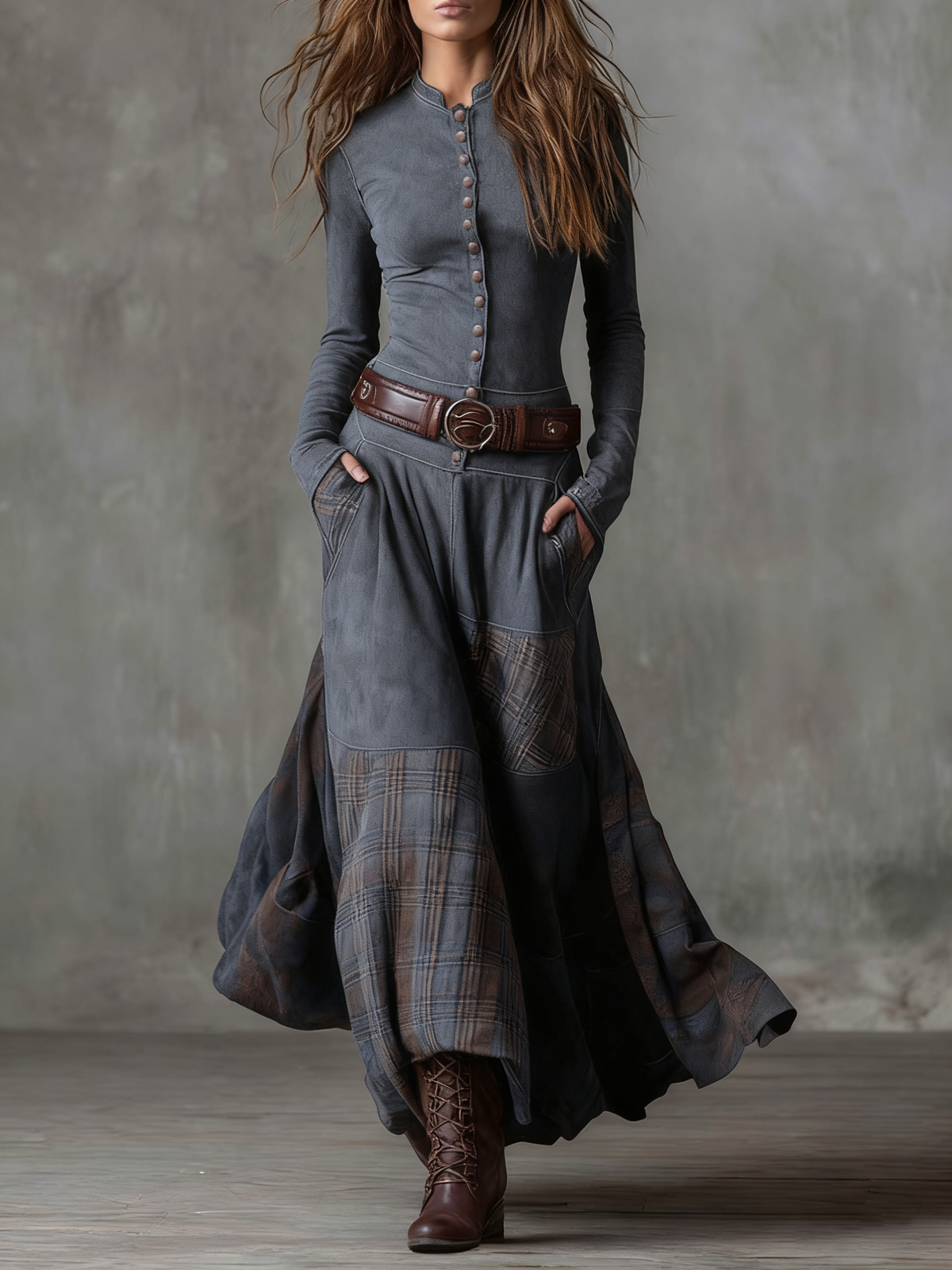 Élise | Abito maxi in finta pelle scamosciata con cintura