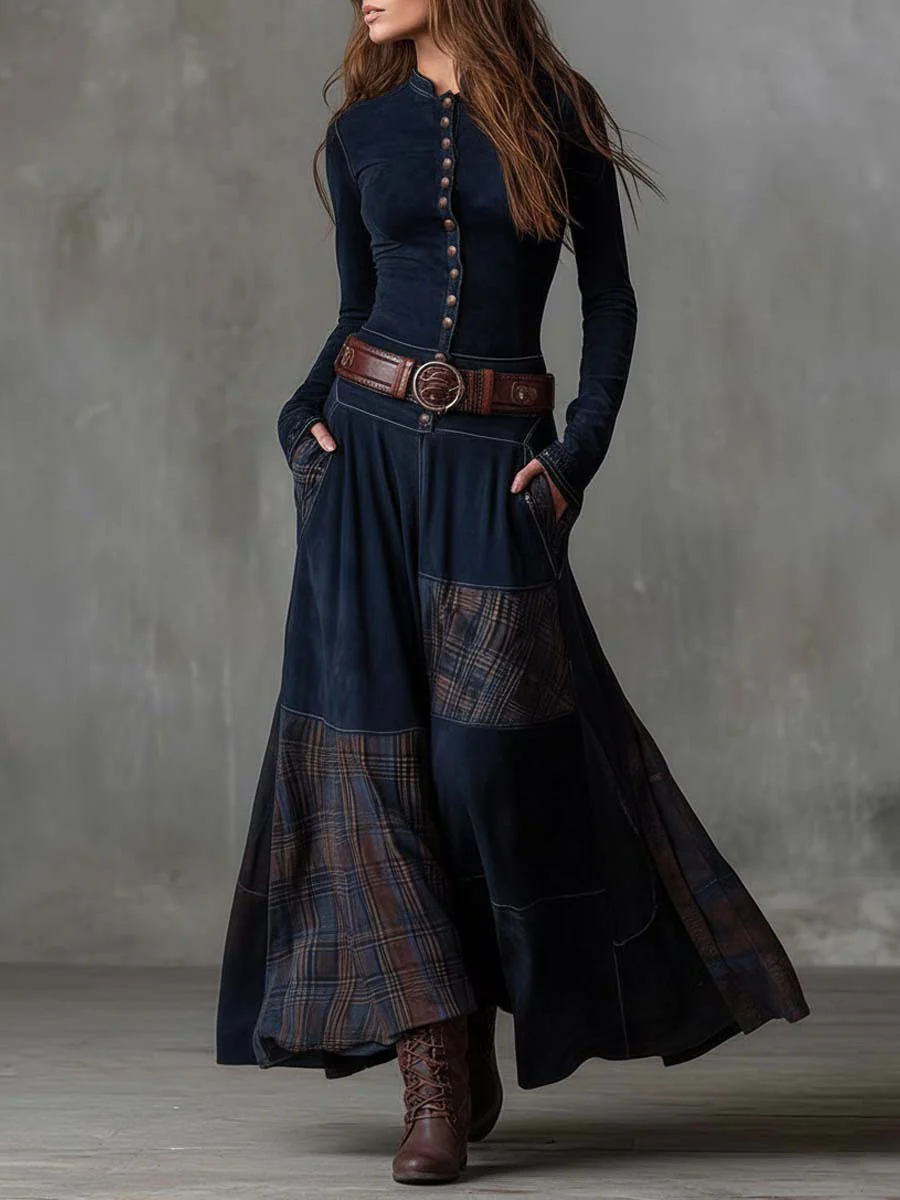 Élise | Abito maxi in finta pelle scamosciata con cintura
