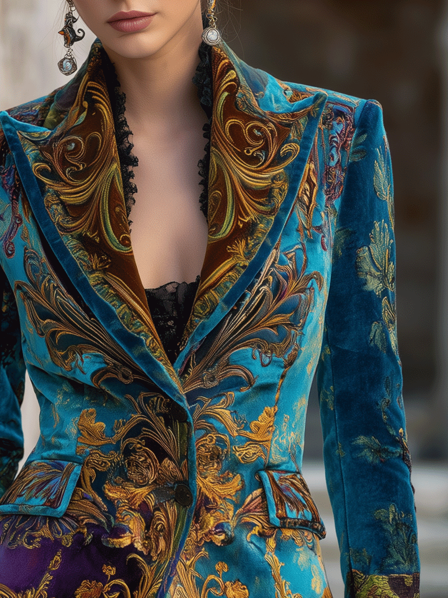 Blazer sartoriale bohémien di lusso in velluto in stile barocco
