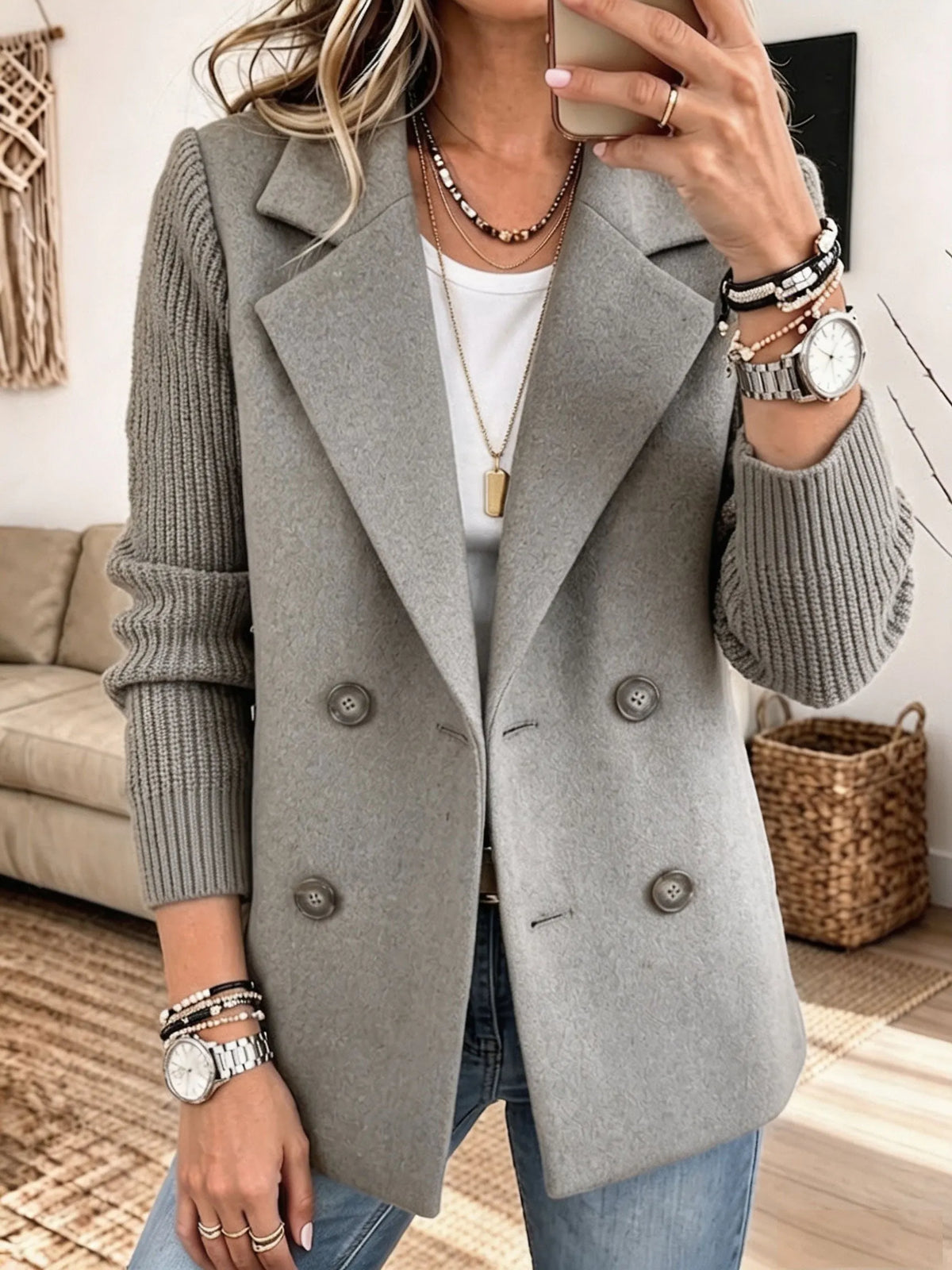 Carmela | Blazer Doppiopetto con Maniche in Maglia a Coste