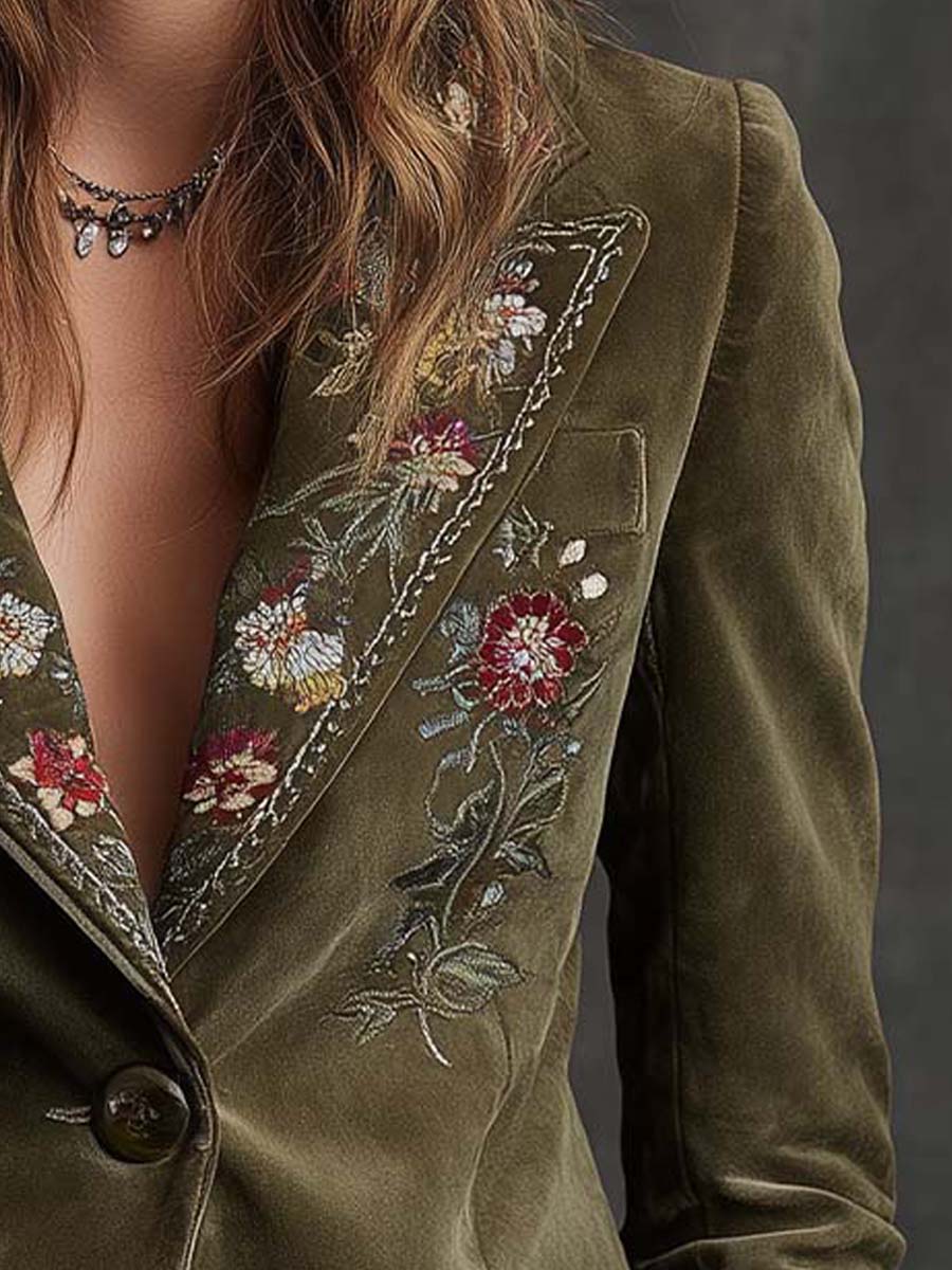 Blazer in velluto color oliva con ricamo floreale