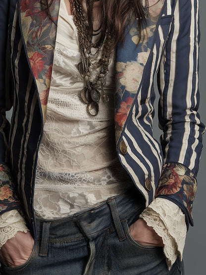 Blazer a righe con fiori in tessuto di cotone e lino