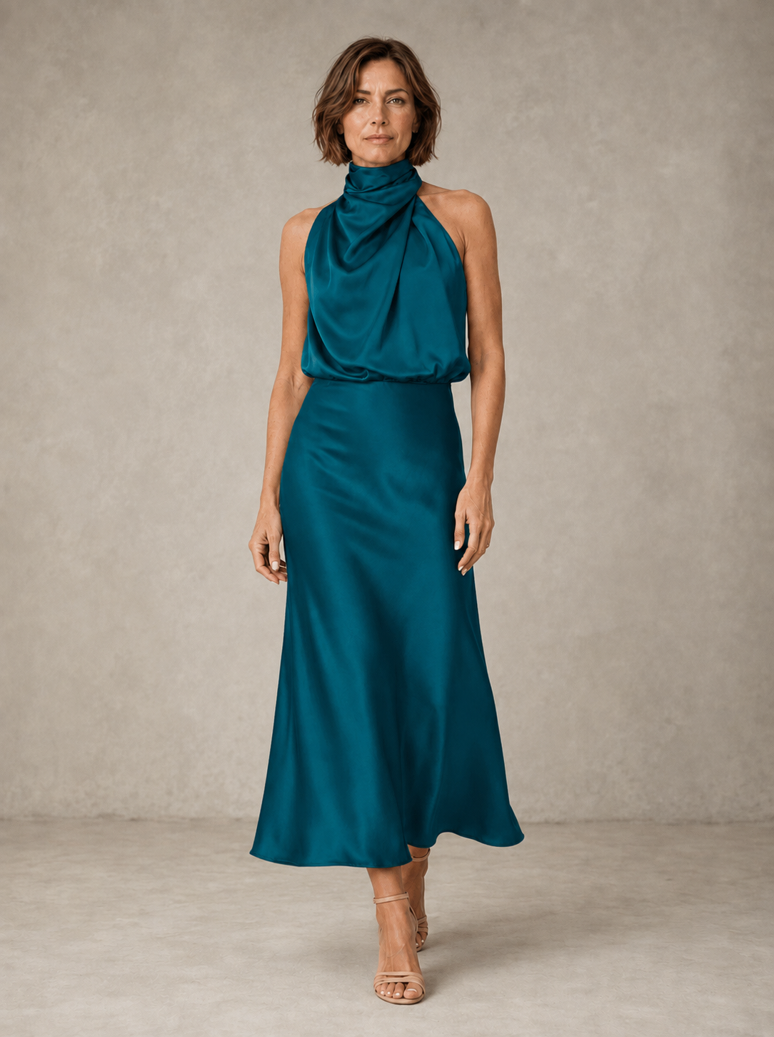 Sabine | Abito Midi in Raso Verde Petrolio Drappeggiato con Collo all'Americana