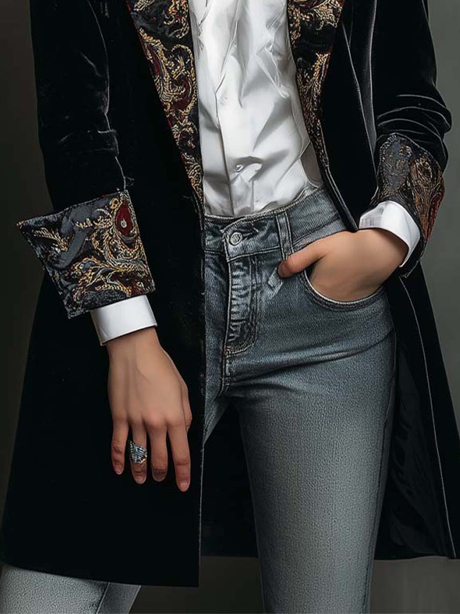 Léontine | Blazer Nero Slim Fit con Stampa Barocca