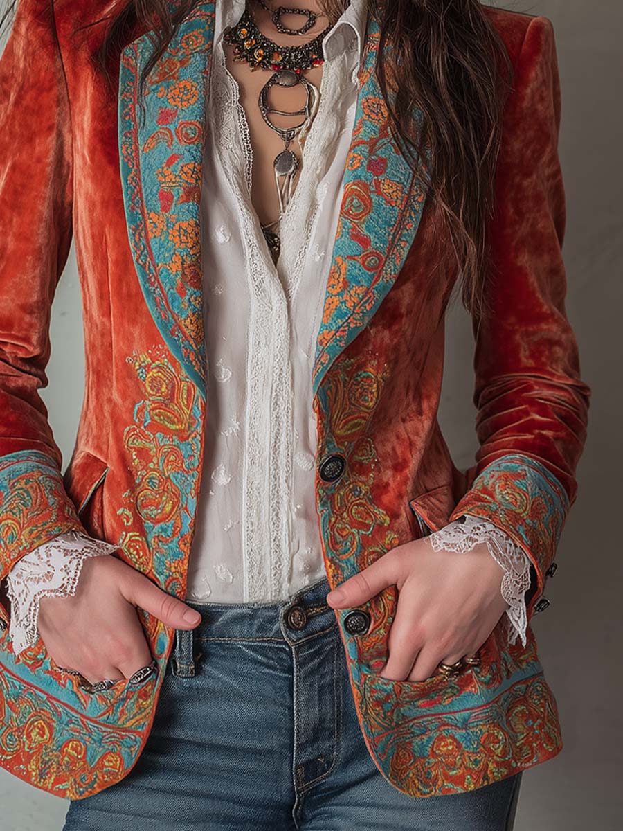 Blazer retrò in velluto di poliestere con stampa a contrasto