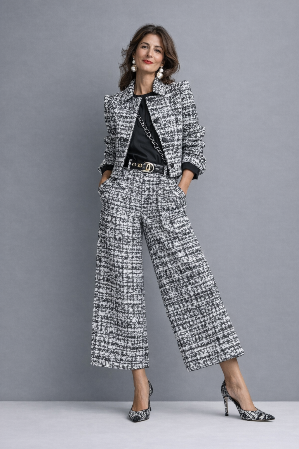 Irene | Completo in tweed con giacca e pantaloni a gamba larga