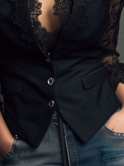 Claudine | Top Blazer Nero con Maniche Semi-Trasparenti