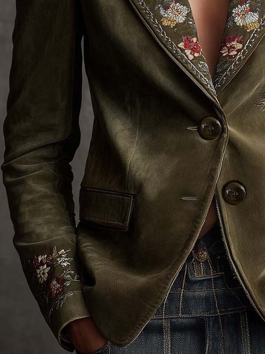 Blazer in velluto color oliva con ricamo floreale