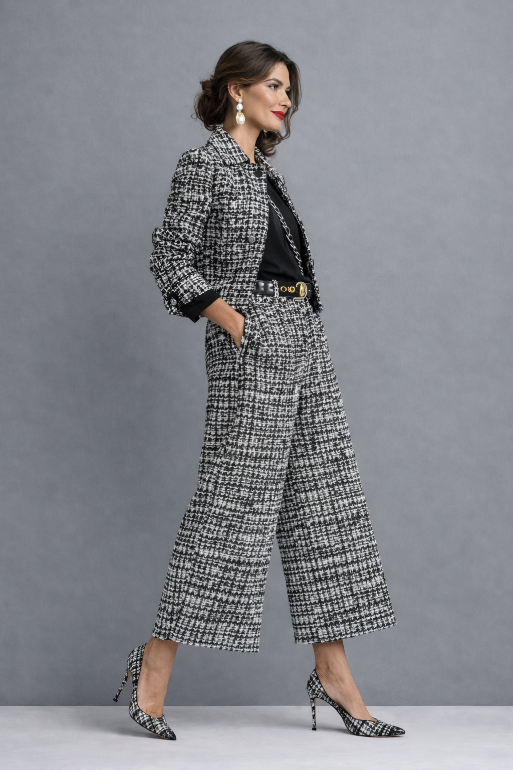 Irene | Completo in tweed con giacca e pantaloni a gamba larga
