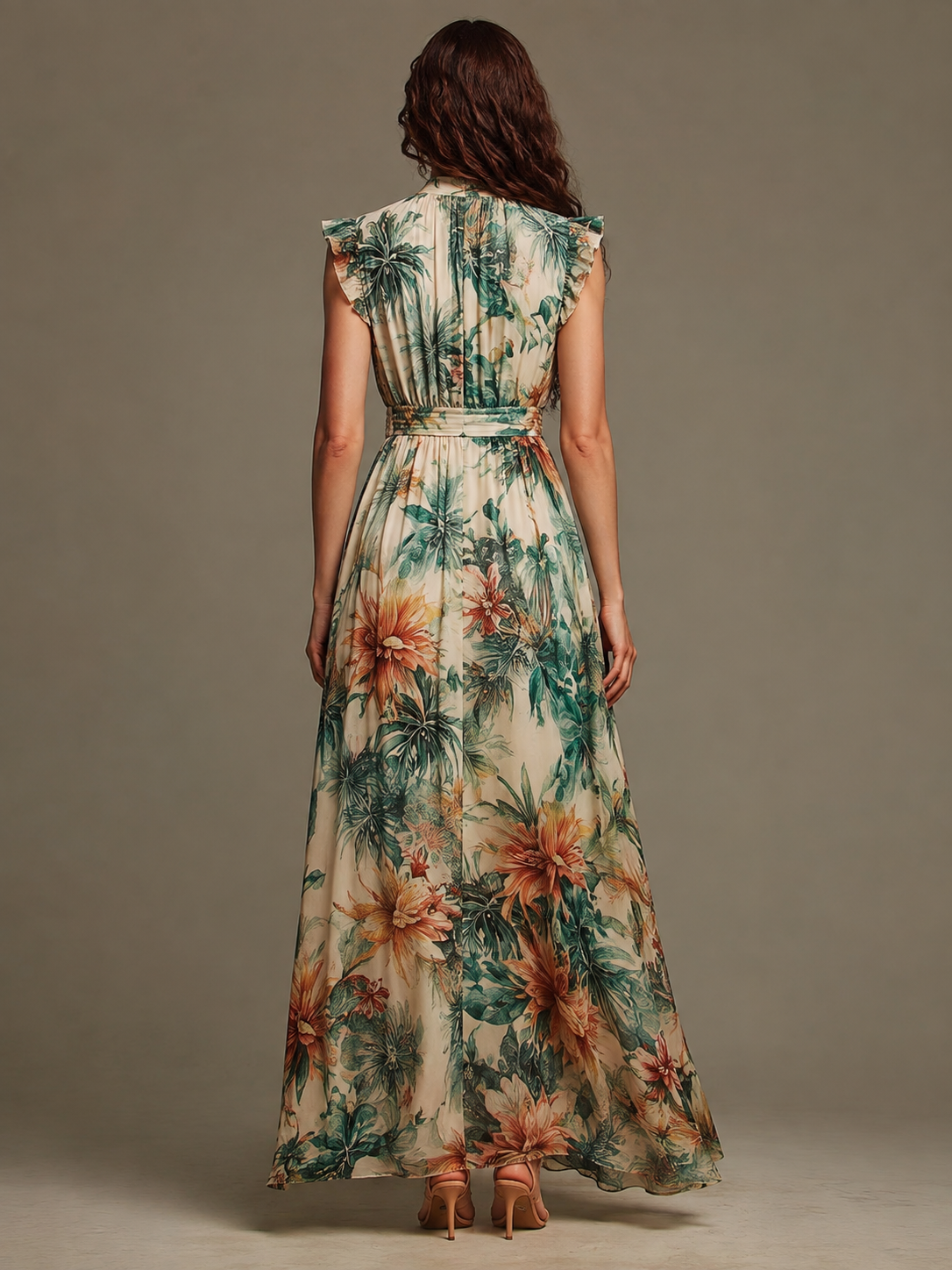 Vittoria | Abito in Chiffon con Stampa Tropicale Dipinta