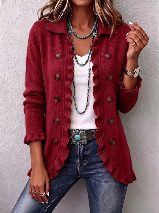 Dolores | Giacca in maglia rosso rubino con balze