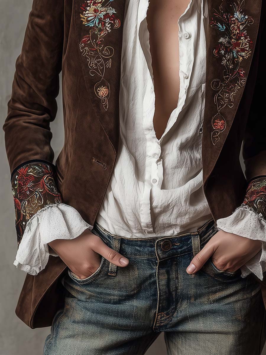 Giacca vintage in pelle marrone con elementi ricamati