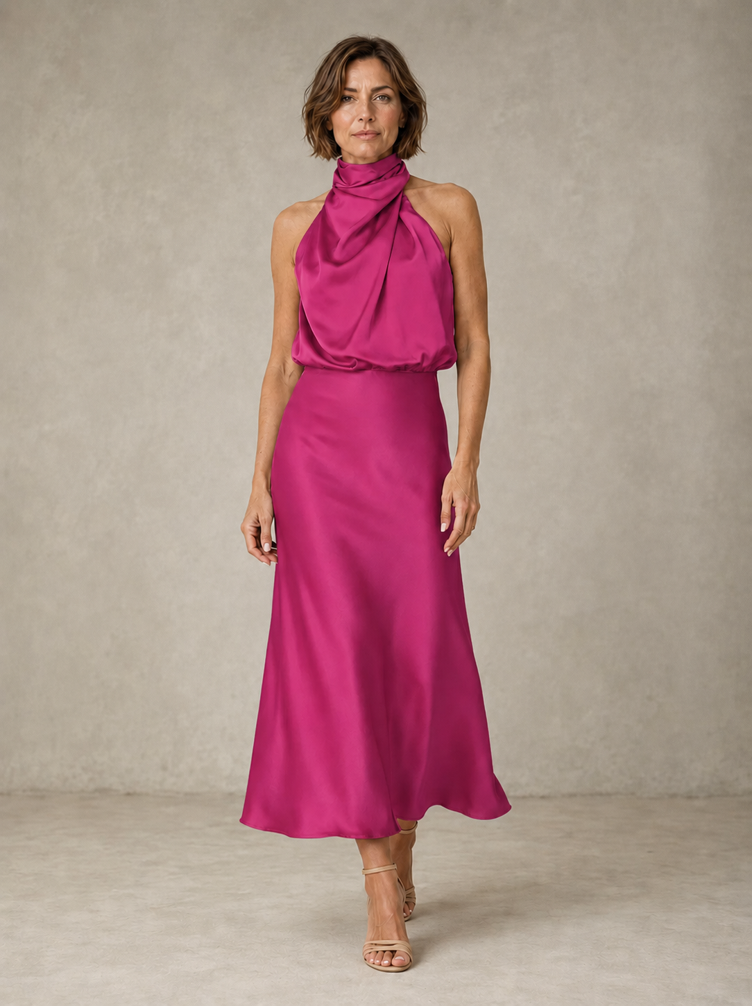 Sabine | Abito Midi in Raso Verde Petrolio Drappeggiato con Collo all'Americana