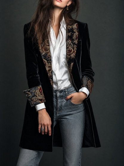 Léontine | Blazer Nero Slim Fit con Stampa Barocca