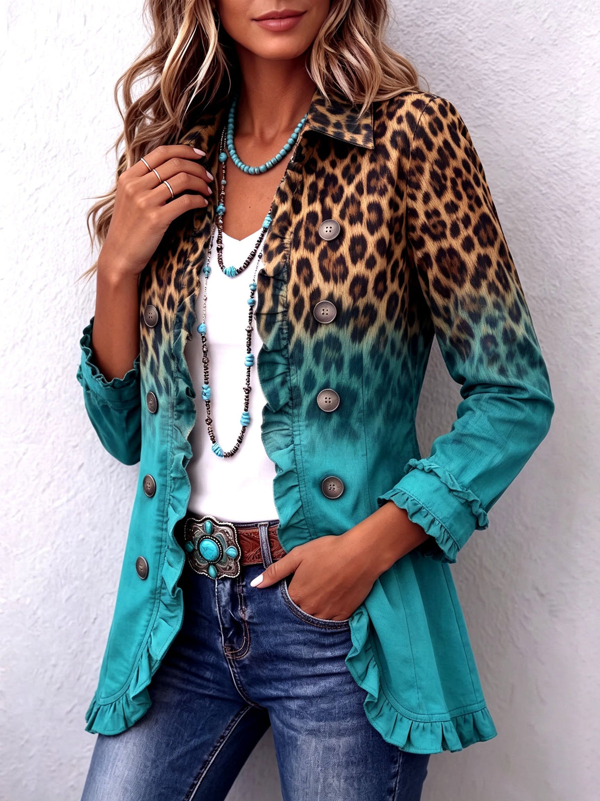 Herminia | Giacca blazer leopardata sfumata con balze