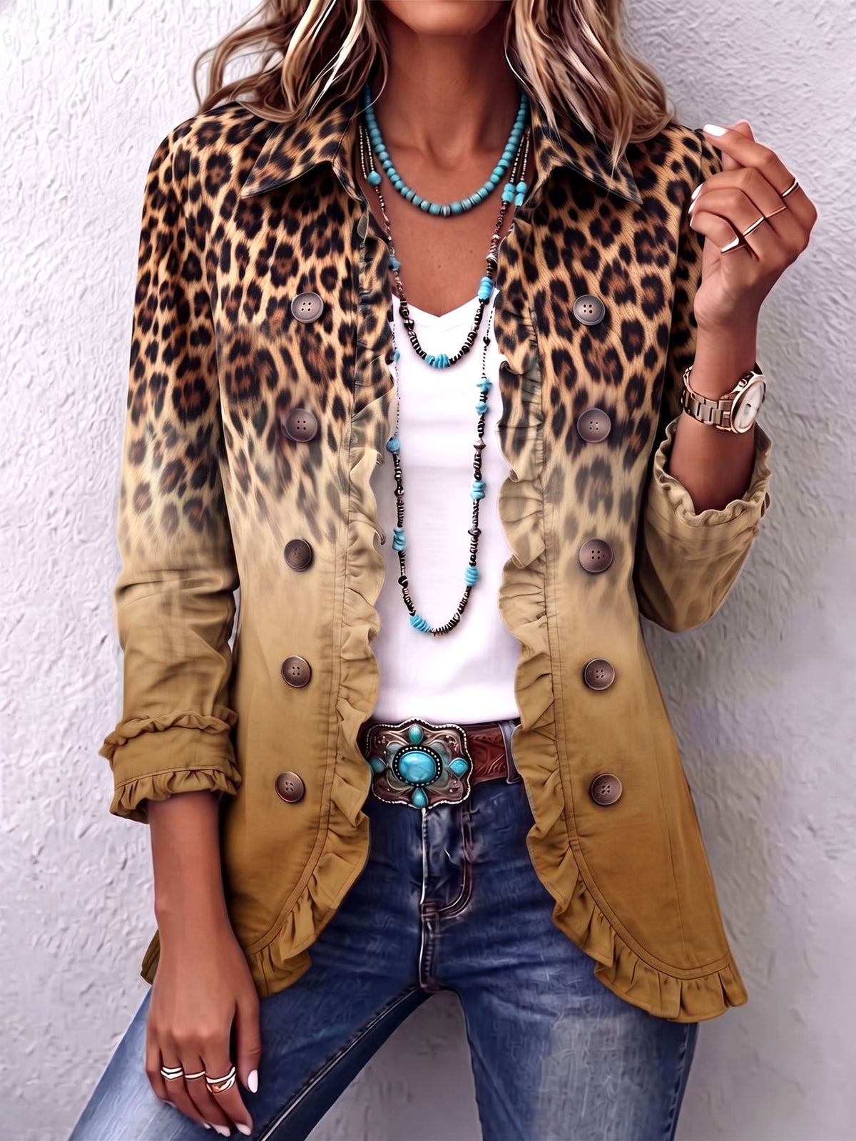 Trinidad | Giacca blazer leopardata ocra con balze