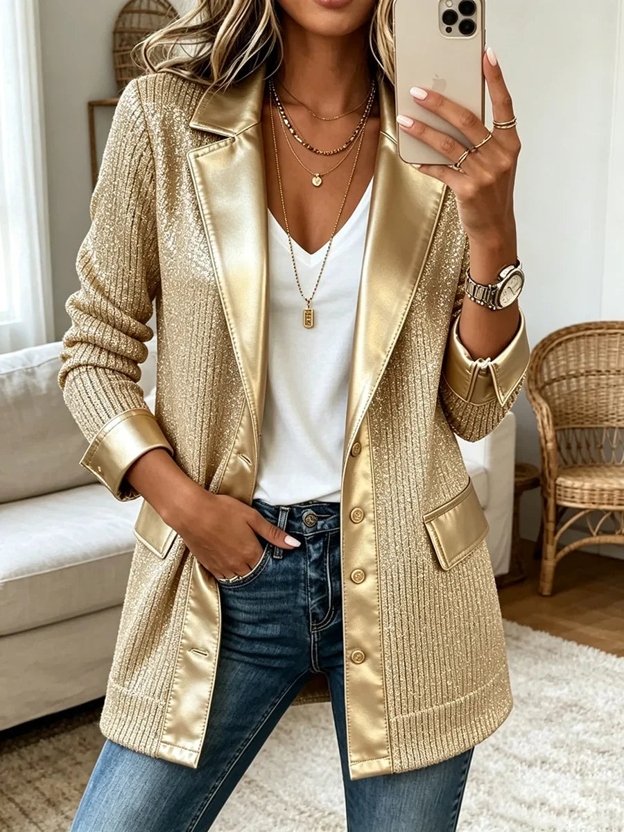 Aurora | Blazer in Maglia Dorata con Bordi in Similpelle