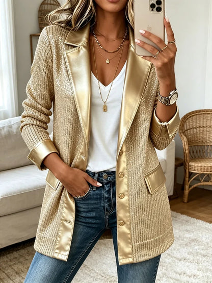 Aurora | Blazer in Maglia Dorata con Bordi in Similpelle