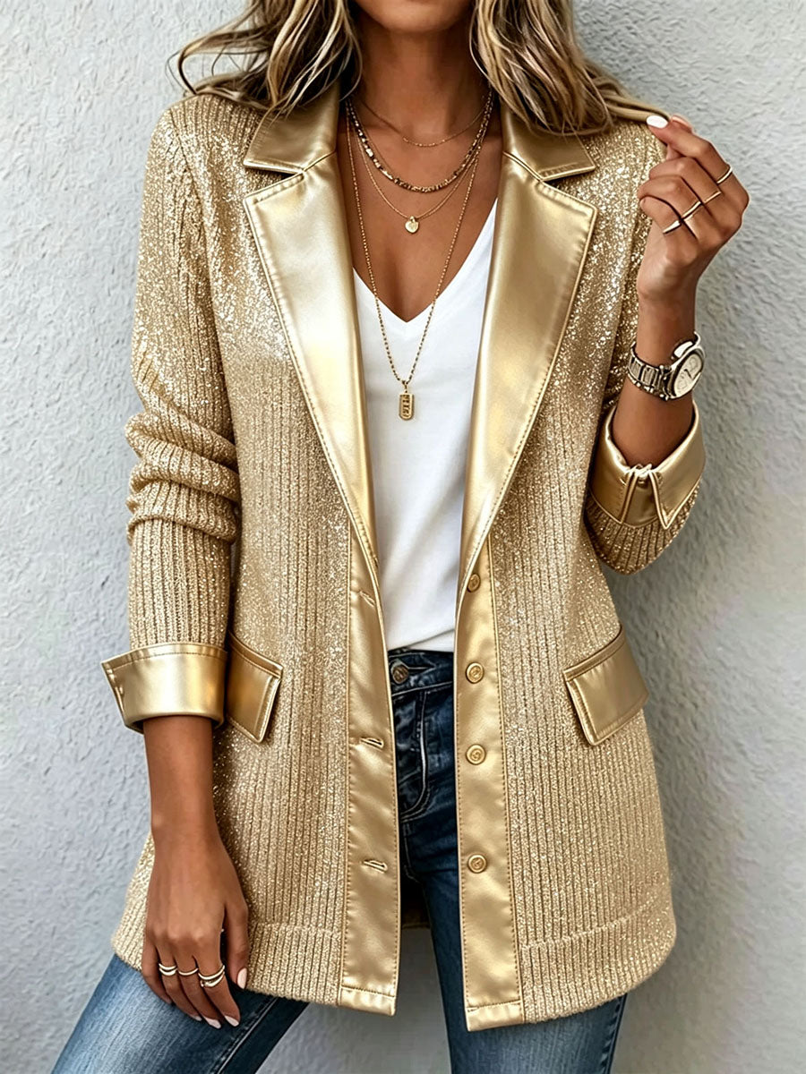 Aurora | Blazer in Maglia Dorata con Bordi in Similpelle