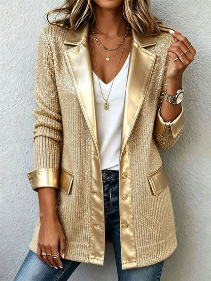 Aurora | Blazer in Maglia Dorata con Bordi in Similpelle