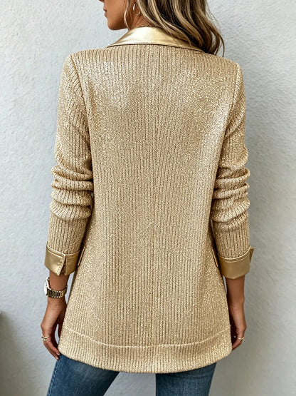 Aurora | Blazer in Maglia Dorata con Bordi in Similpelle