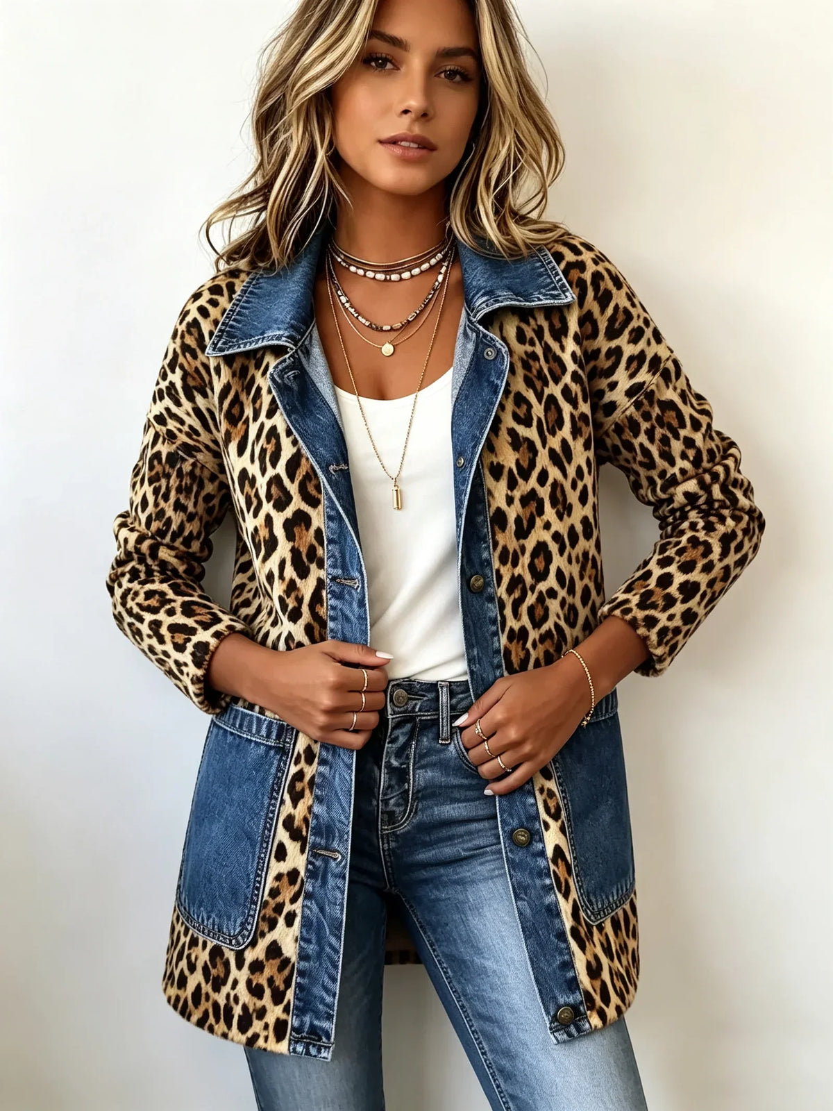 Nieves | Giacca lunga leopardata con dettagli in denim
